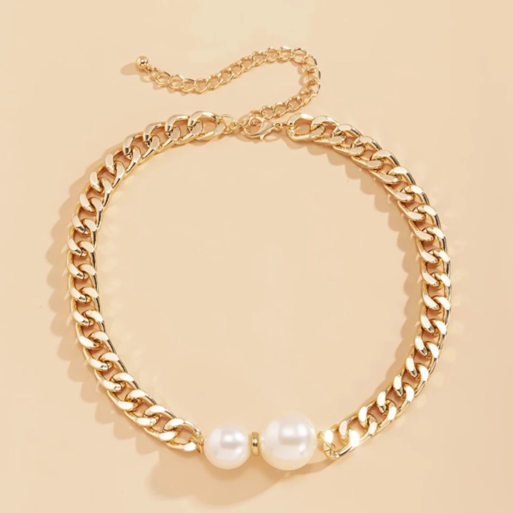 ⭐️ Gold Plated Cuban Chunky Big Simulated Pearl Necklace Choker - Picture 3 of 3